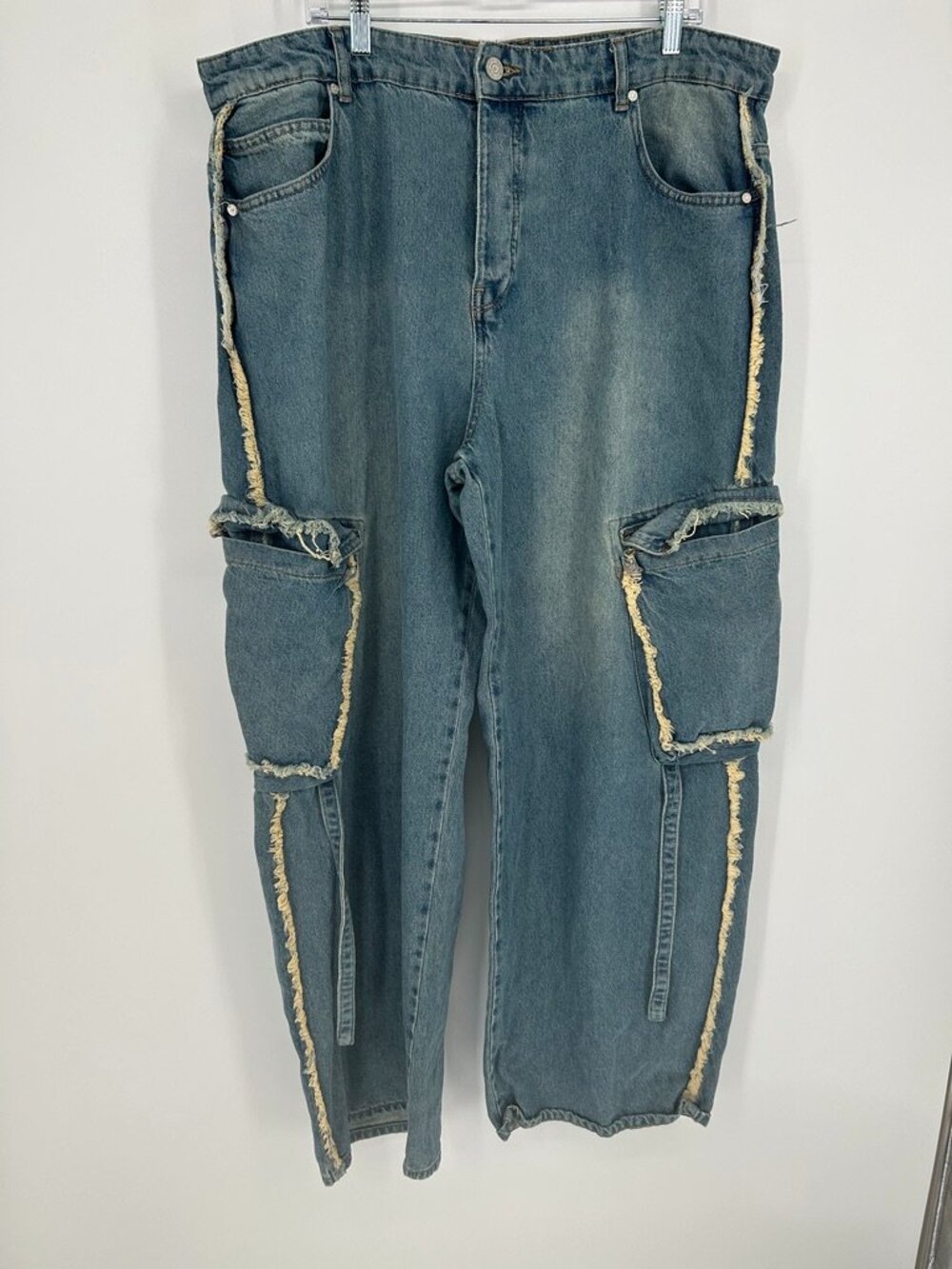 BoohooMAN Distressed Cargo Jeans Blue Y2K Streetwear Grunge Skater Moto 42 waist